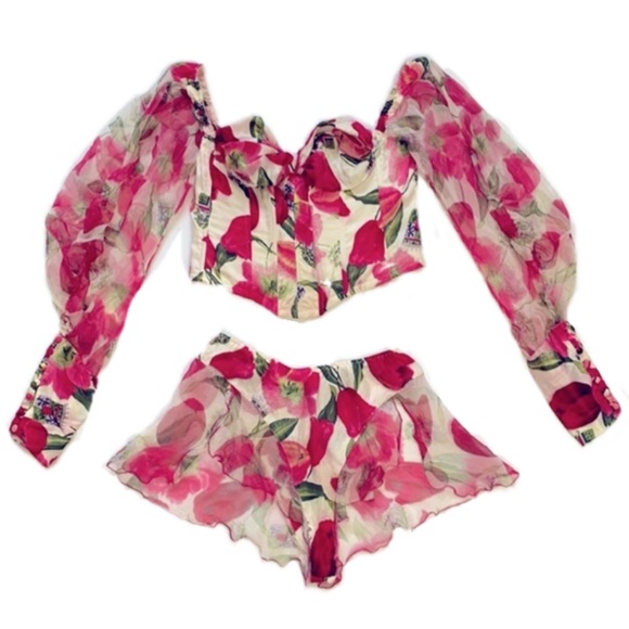 Jeune Europe Other - Vintage Jeune Europe 100% silk floral pink +cream handmade bustier & tap pant Sm